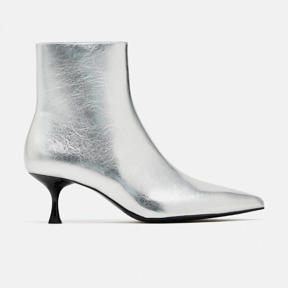 Zara Silver Metallic Kitten Heel Ankle Boots Date Night Clubbing EU 37/US 6